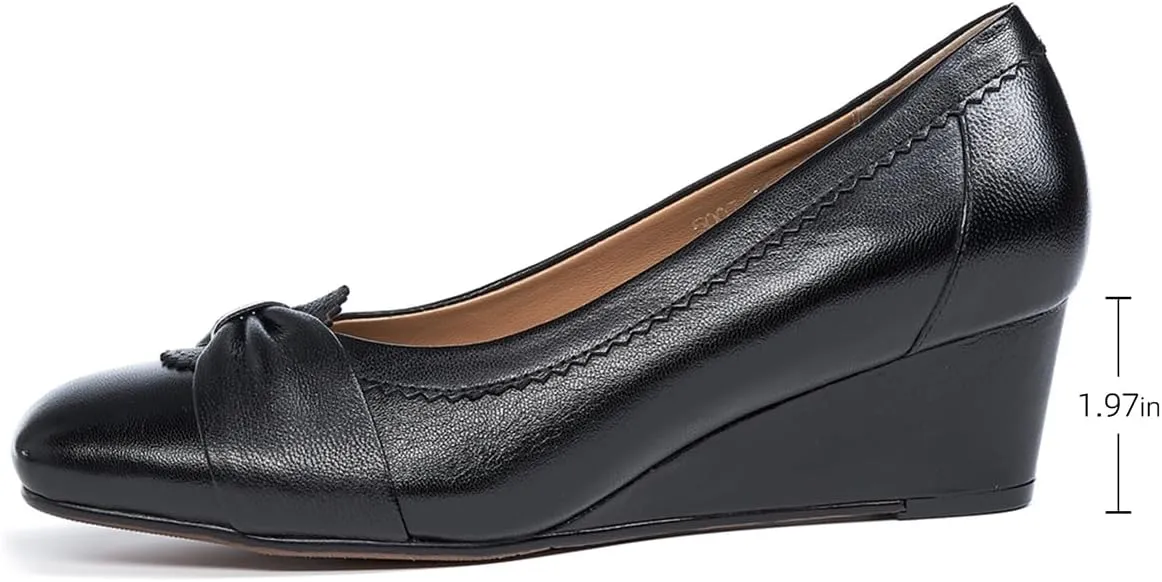 Mona flying Women's Leather Closed Toe 2 inches Wedges Pumps Square Toe Comfortable Heeled Office Work Dress Shoes for Ladies