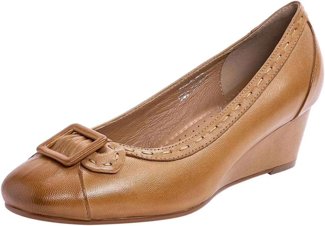 Mona flying Women's Leather Closed Toe 2 inches Wedges Pumps Square Toe Comfortable Heeled Office Work Dress Shoes for Ladies