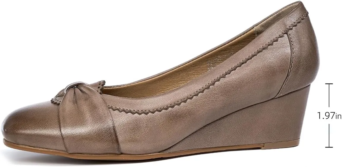 Mona flying Women's Leather Closed Toe 2 inches Wedges Pumps Square Toe Comfortable Heeled Office Work Dress Shoes for Ladies