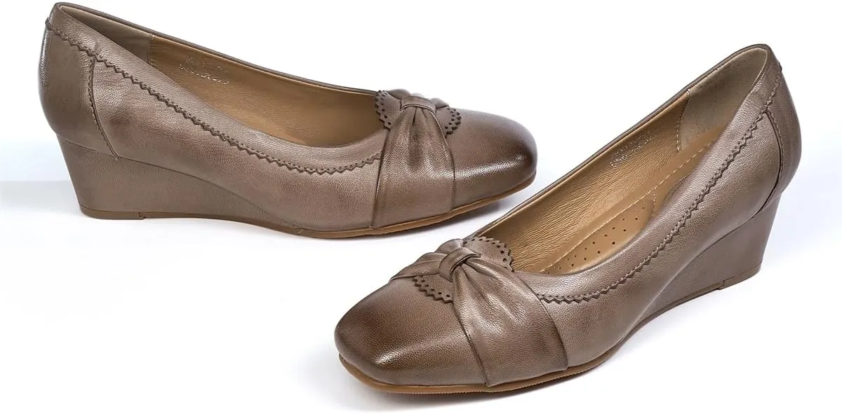 Mona flying Women's Leather Closed Toe 2 inches Wedges Pumps Square Toe Comfortable Heeled Office Work Dress Shoes for Ladies