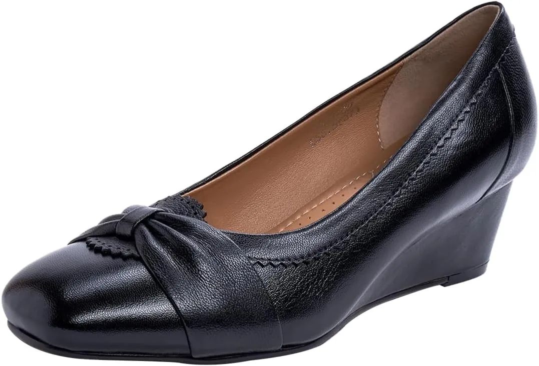 Mona flying Women's Leather Closed Toe 2 inches Wedges Pumps Square Toe Comfortable Heeled Office Work Dress Shoes for Ladies