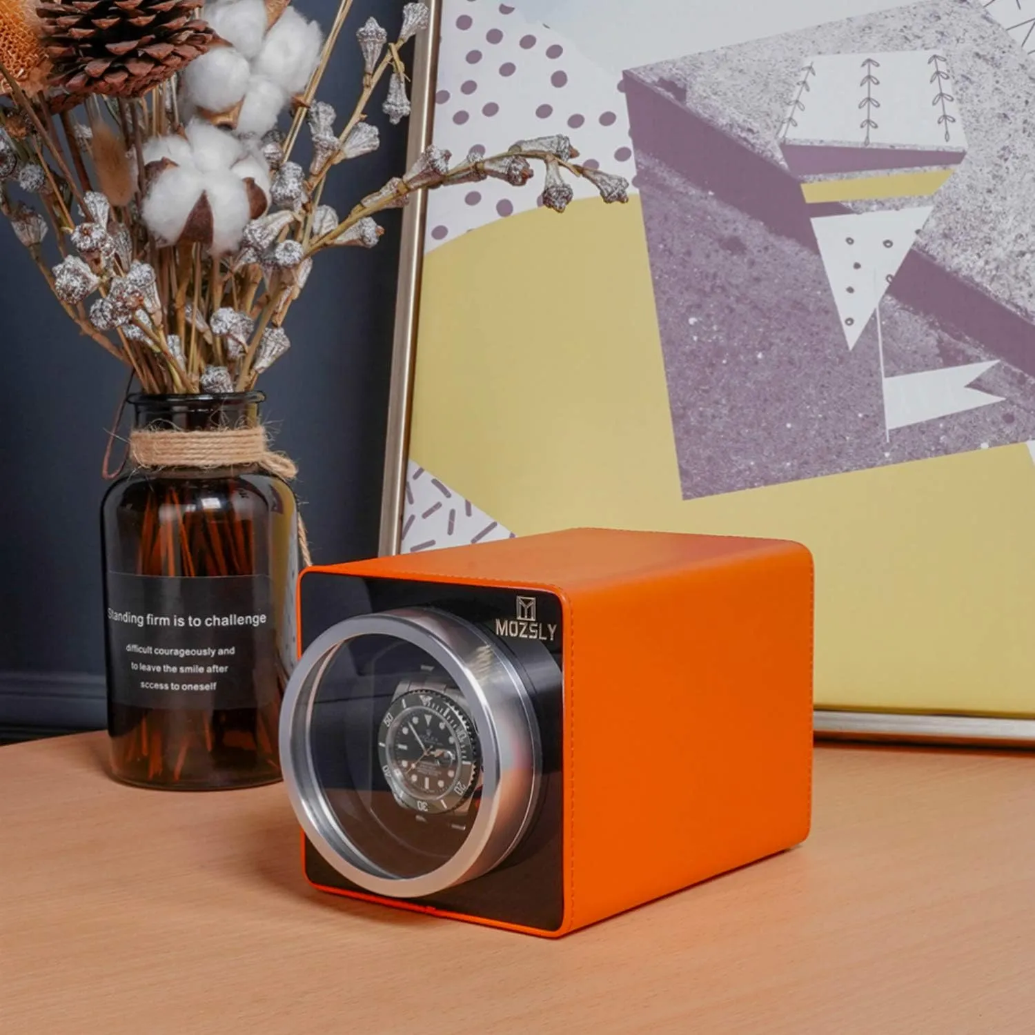 MOZSLY Watch Winder for Single Automatic Watches with Quiet Motor 12 Rotation Mode Setting Leather