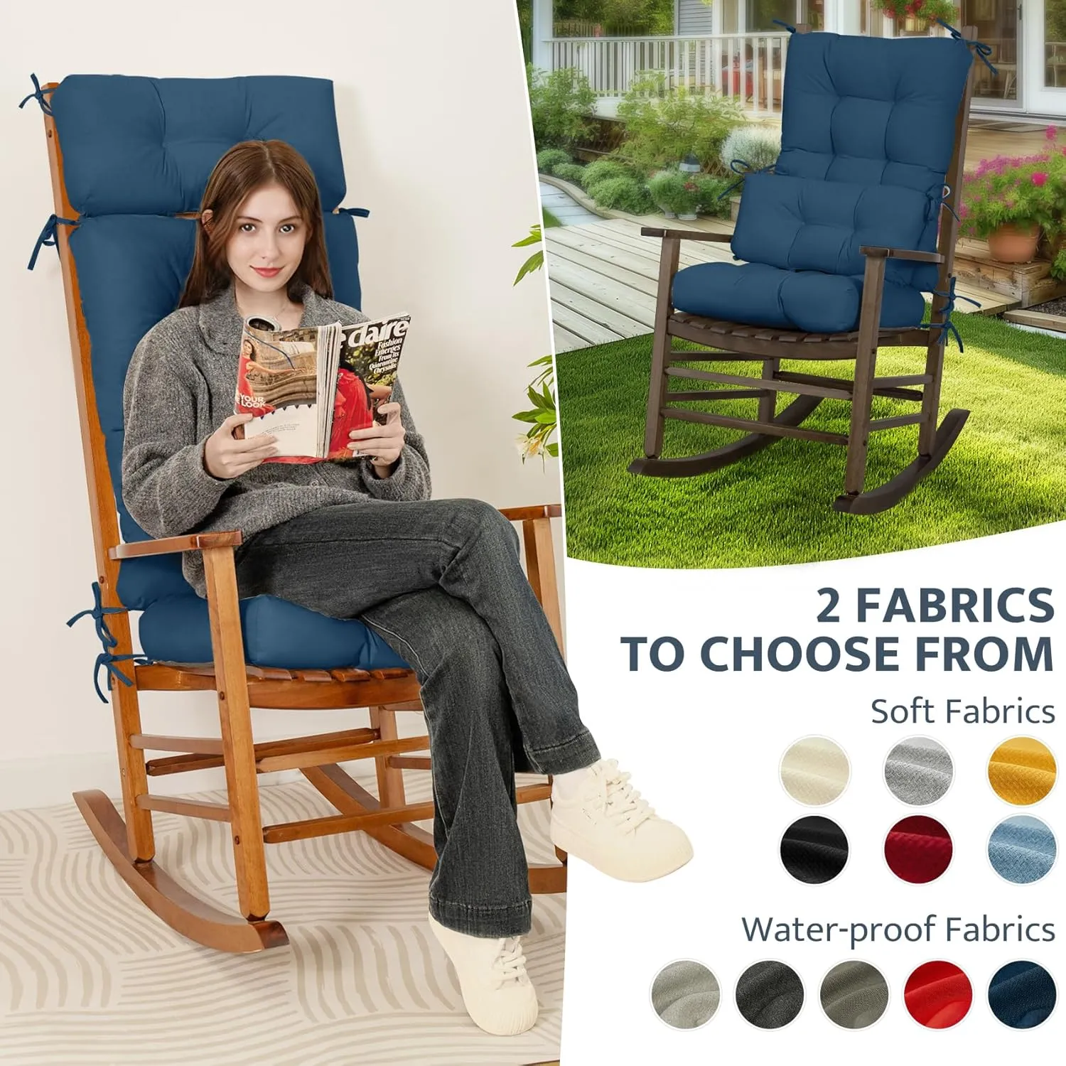 mudilun Indoor/Outdoor Rocking Chair Cushion Anti-Slip Tufted Patio Furniture Cushion with Straps High Back Rocking Chair Cushion for Bedroom, Living Room, Baby Room, Outdoor Patio Chair