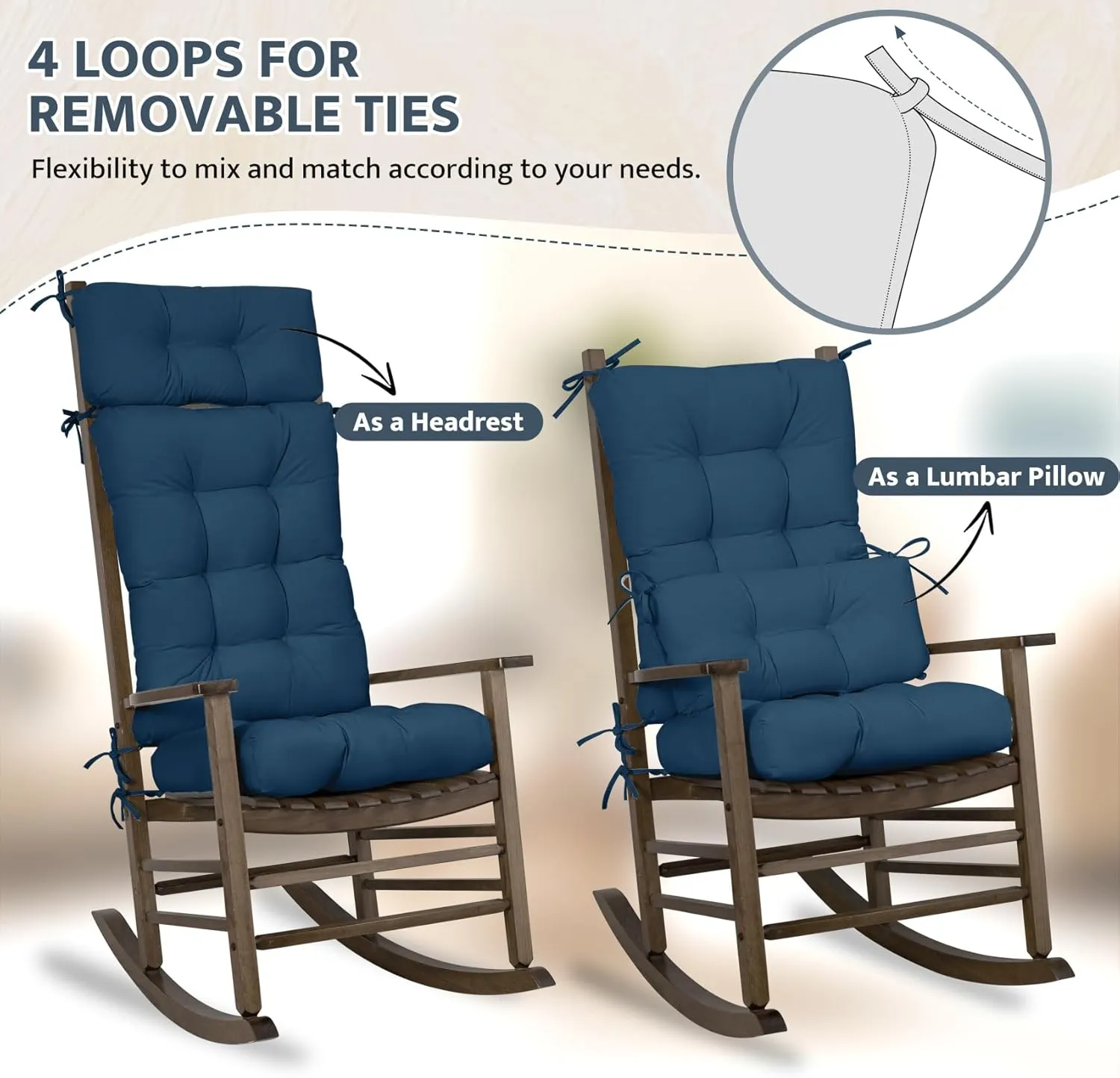 mudilun Indoor/Outdoor Rocking Chair Cushion Anti-Slip Tufted Patio Furniture Cushion with Straps High Back Rocking Chair Cushion for Bedroom, Living Room, Baby Room, Outdoor Patio Chair
