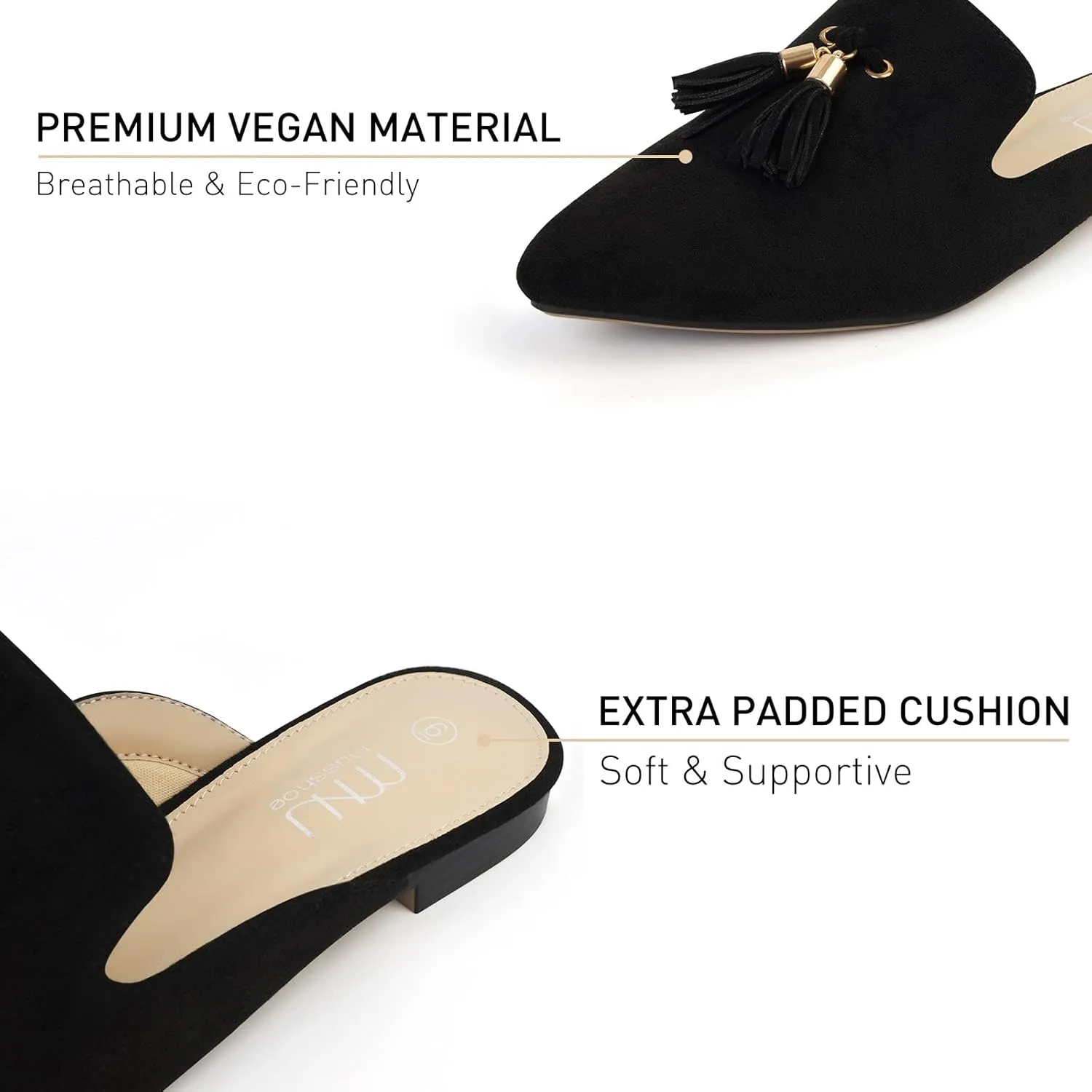 MUSSHOE Mules for Women Comfortable Pointed Toe Backless Slip-on Slides Loafer Flats with Tassels