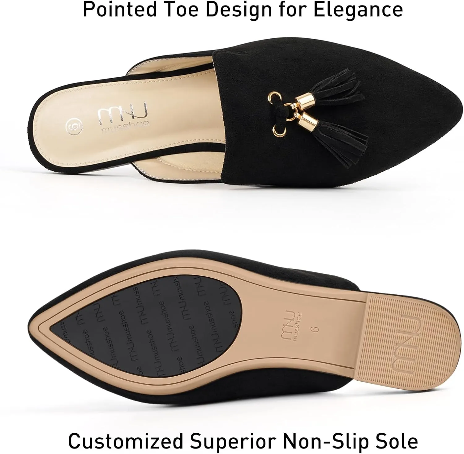 MUSSHOE Mules for Women Comfortable Pointed Toe Backless Slip-on Slides Loafer Flats with Tassels