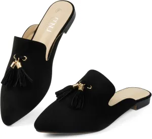 MUSSHOE Mules for Women Comfortable Pointed Toe Backless Slip-on Slides Loafer Flats with Tassels