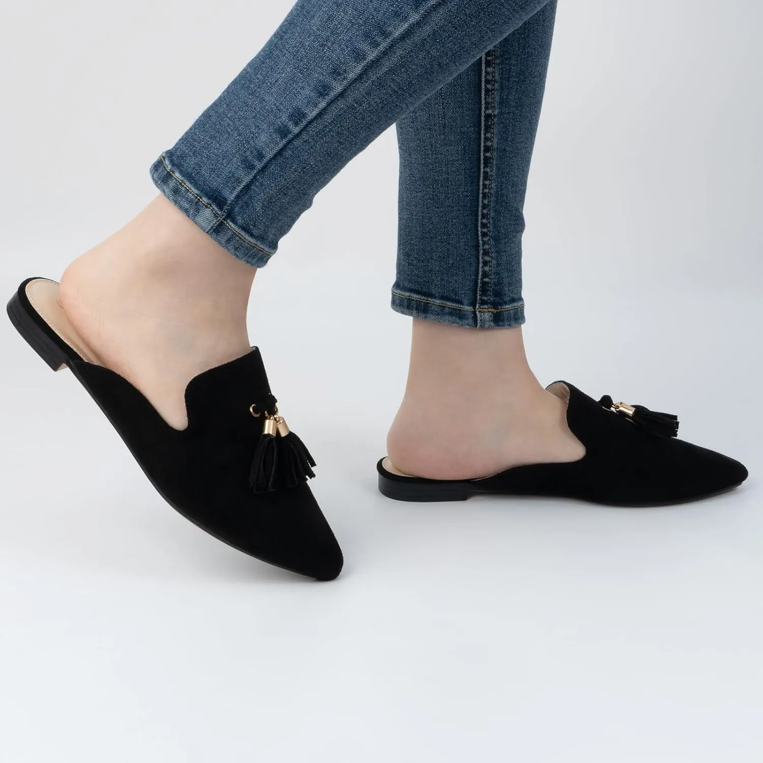 MUSSHOE Mules for Women Comfortable Pointed Toe Backless Slip-on Slides Loafer Flats with Tassels