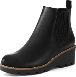 mysoft Women's Chelsea Wedge Booties Platform Lug Sole Elastic Low Wedge Heel Slip On Ankle Boots