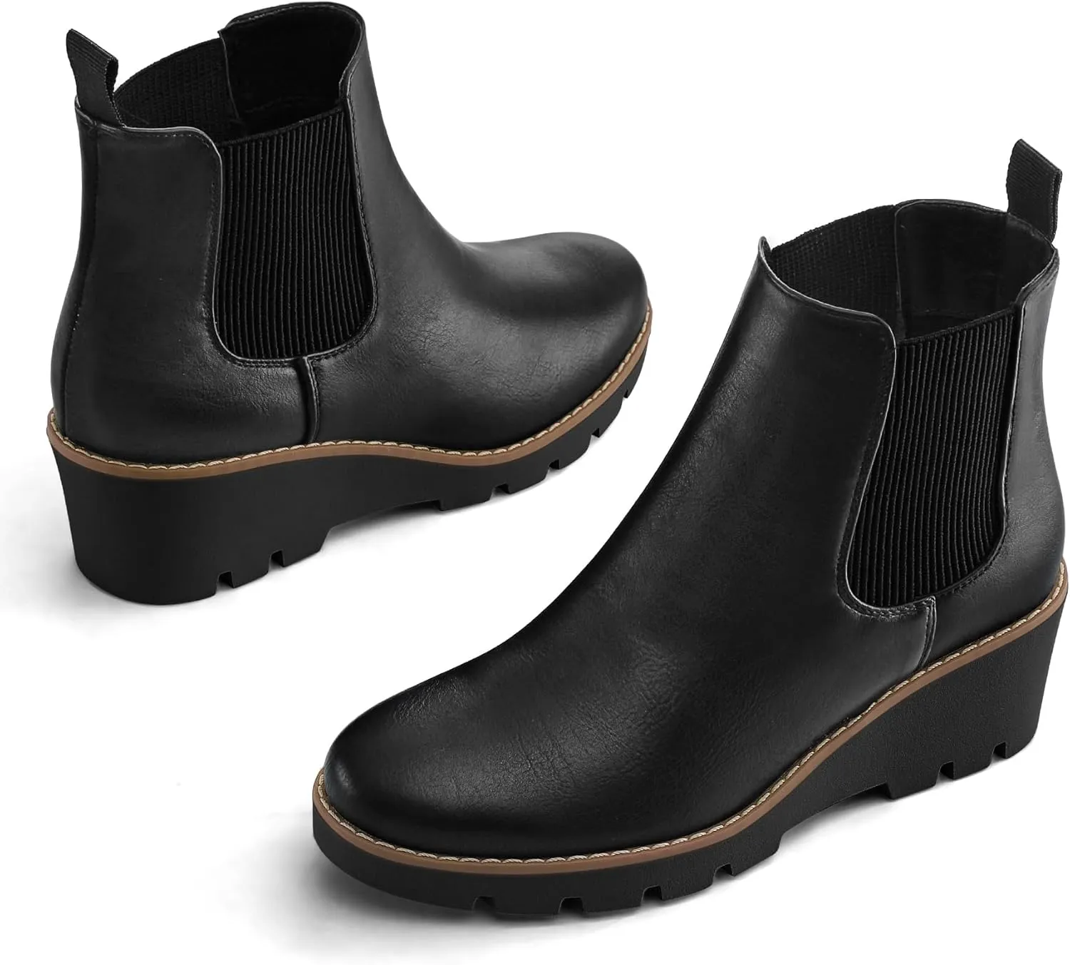 mysoft Women's Chelsea Wedge Booties Platform Lug Sole Elastic Low Wedge Heel Slip On Ankle Boots
