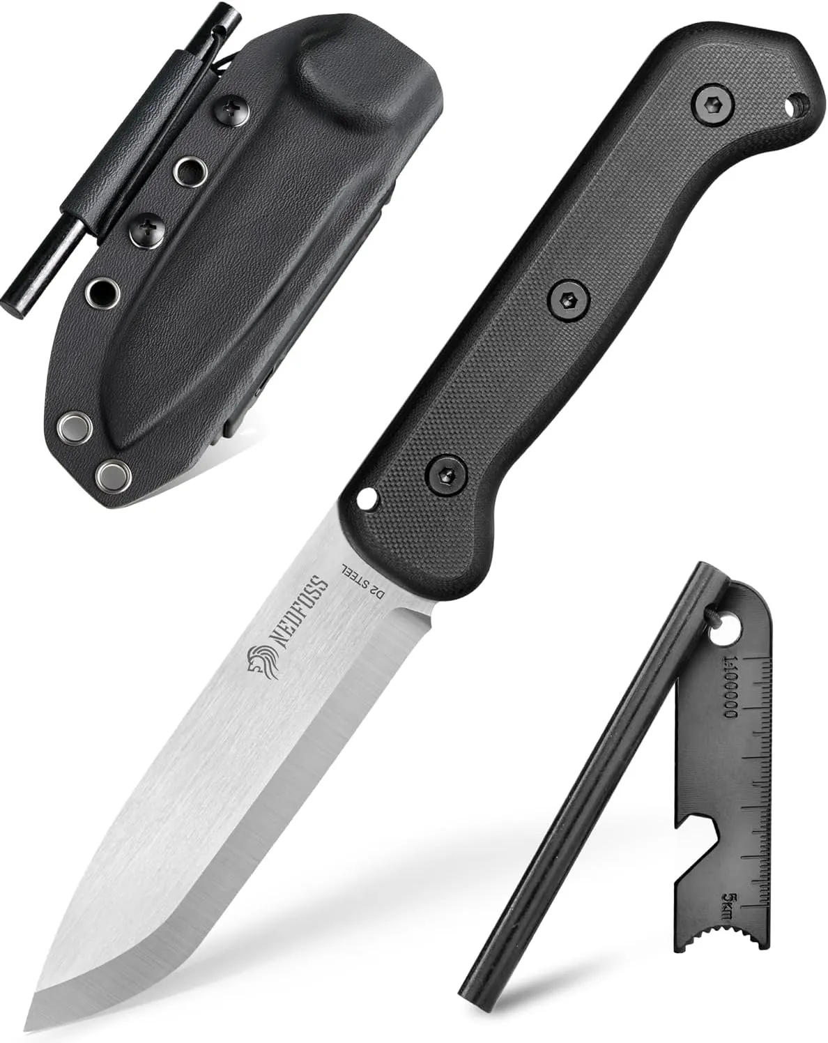 NedFoss SEALION Bushcraft Knife, 4.52" D2 Steel Full Tang Survival Knife with Fire Starter, G10 Handle, Kydex Sheath, Designed in Germany