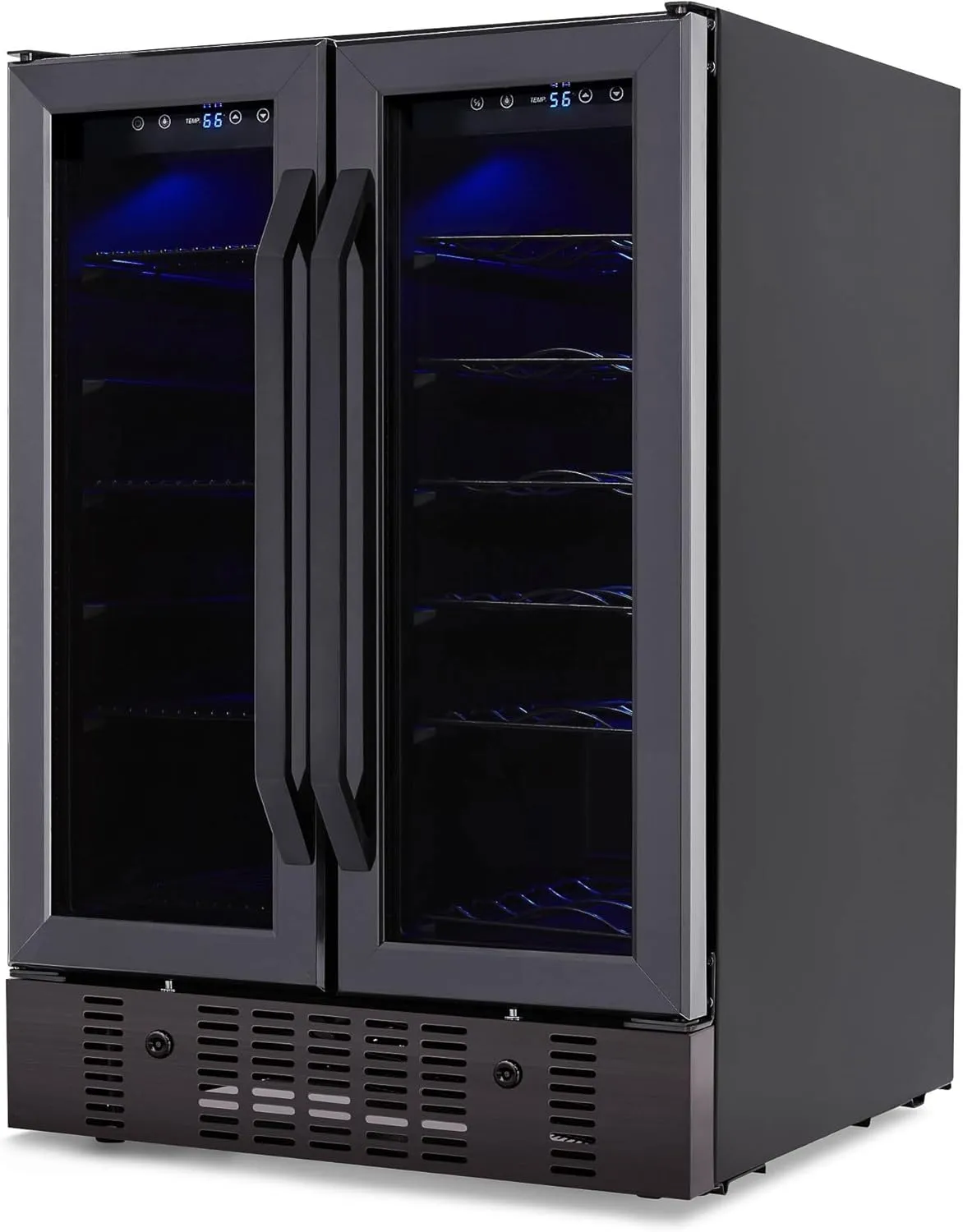 Newair 24” Wine and Beverage Refrigerator and Cooler, 18 Bottle and 60 Can Capacity, Built-in Dual Zone Fridge in Black Stainless Steel with French Doors