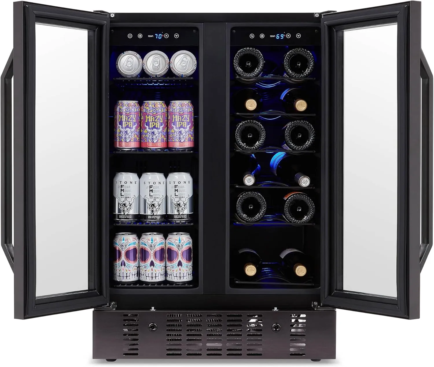 Newair 24” Wine and Beverage Refrigerator and Cooler, 18 Bottle and 60 Can Capacity, Built-in Dual Zone Fridge in Black Stainless Steel with French Doors