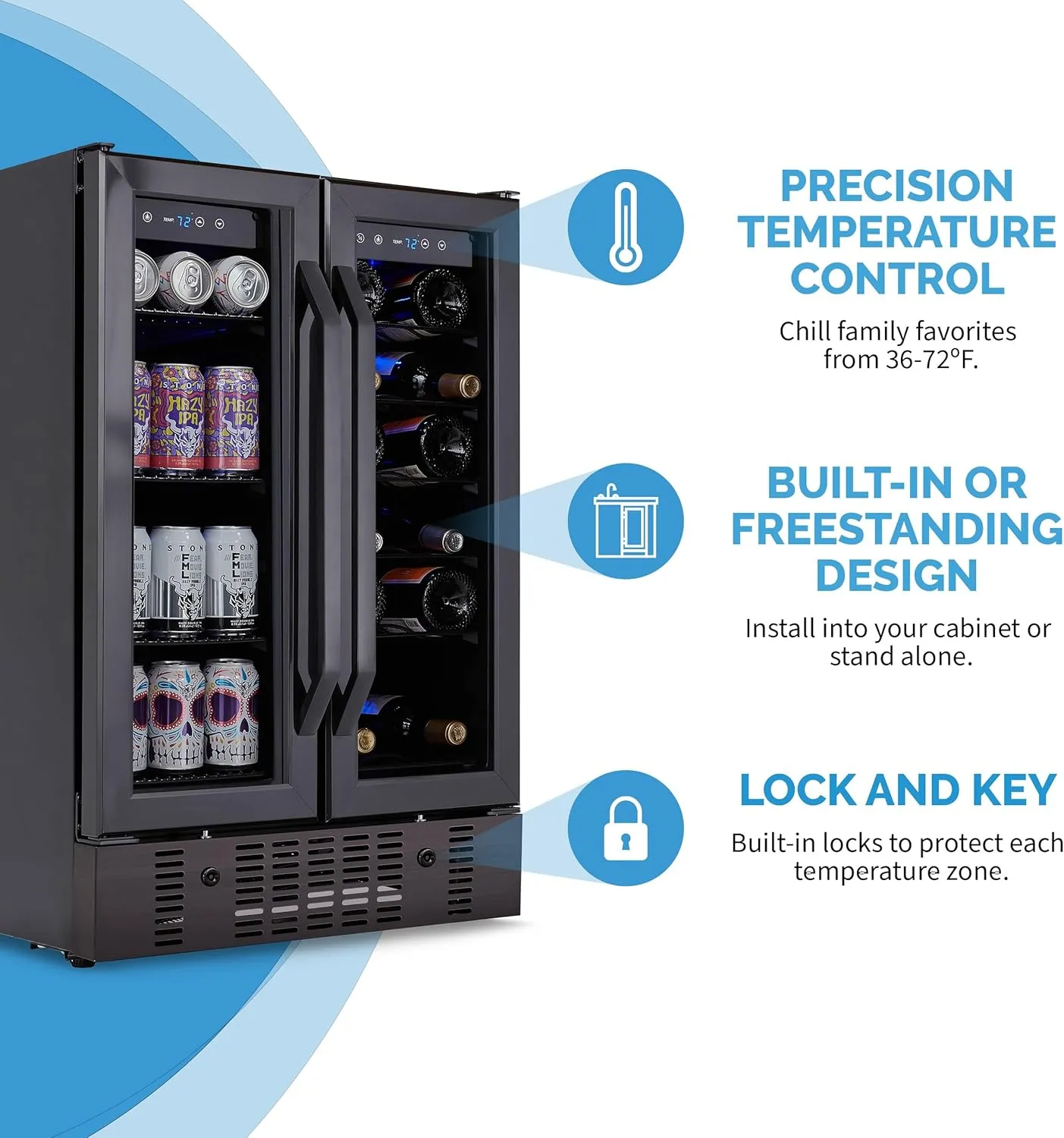 Newair 24” Wine and Beverage Refrigerator and Cooler, 18 Bottle and 60 Can Capacity, Built-in Dual Zone Fridge in Black Stainless Steel with French Doors