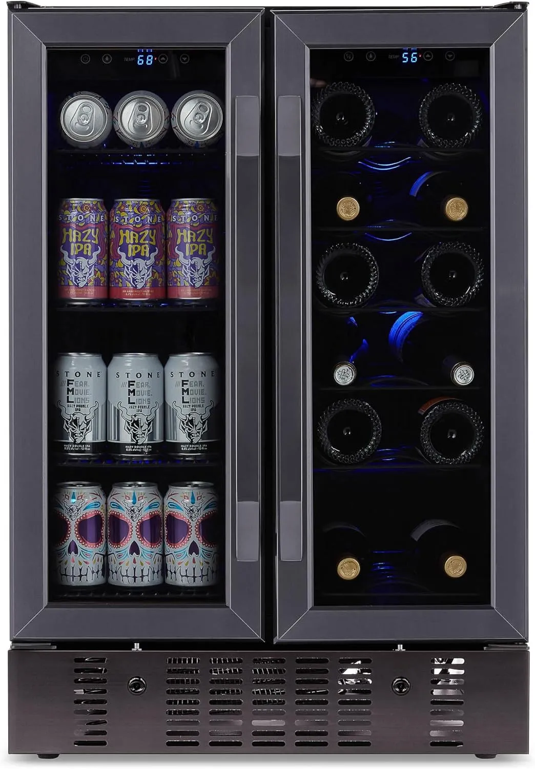 Newair 24” Wine and Beverage Refrigerator and Cooler, 18 Bottle and 60 Can Capacity, Built-in Dual Zone Fridge in Black Stainless Steel with French Doors