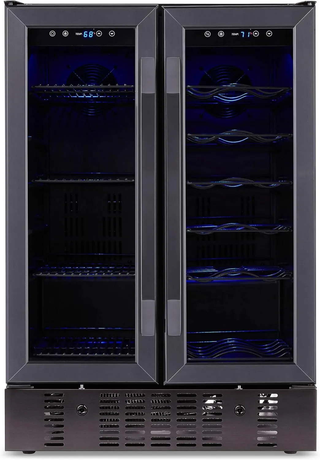 Newair 24” Wine and Beverage Refrigerator and Cooler, 18 Bottle and 60 Can Capacity, Built-in Dual Zone Fridge in Black Stainless Steel with French Doors
