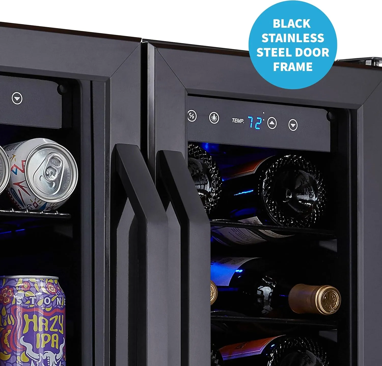 Newair 24” Wine and Beverage Refrigerator and Cooler, 18 Bottle and 60 Can Capacity, Built-in Dual Zone Fridge in Black Stainless Steel with French Doors