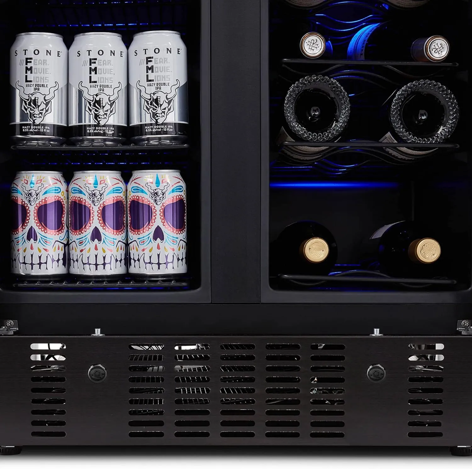 Newair 24” Wine and Beverage Refrigerator and Cooler, 18 Bottle and 60 Can Capacity, Built-in Dual Zone Fridge in Black Stainless Steel with French Doors