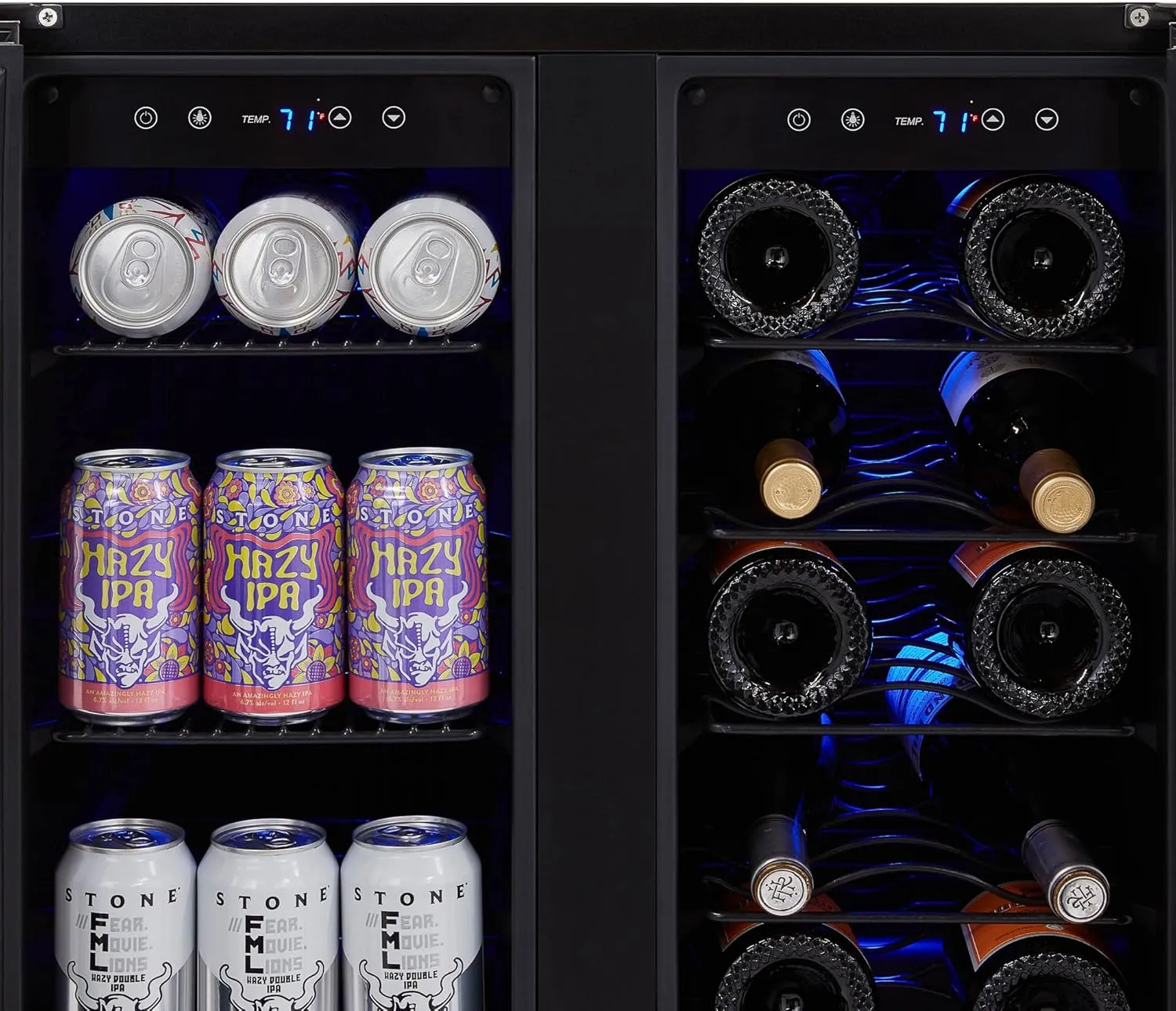 Newair 24” Wine and Beverage Refrigerator and Cooler, 18 Bottle and 60 Can Capacity, Built-in Dual Zone Fridge in Black Stainless Steel with French Doors