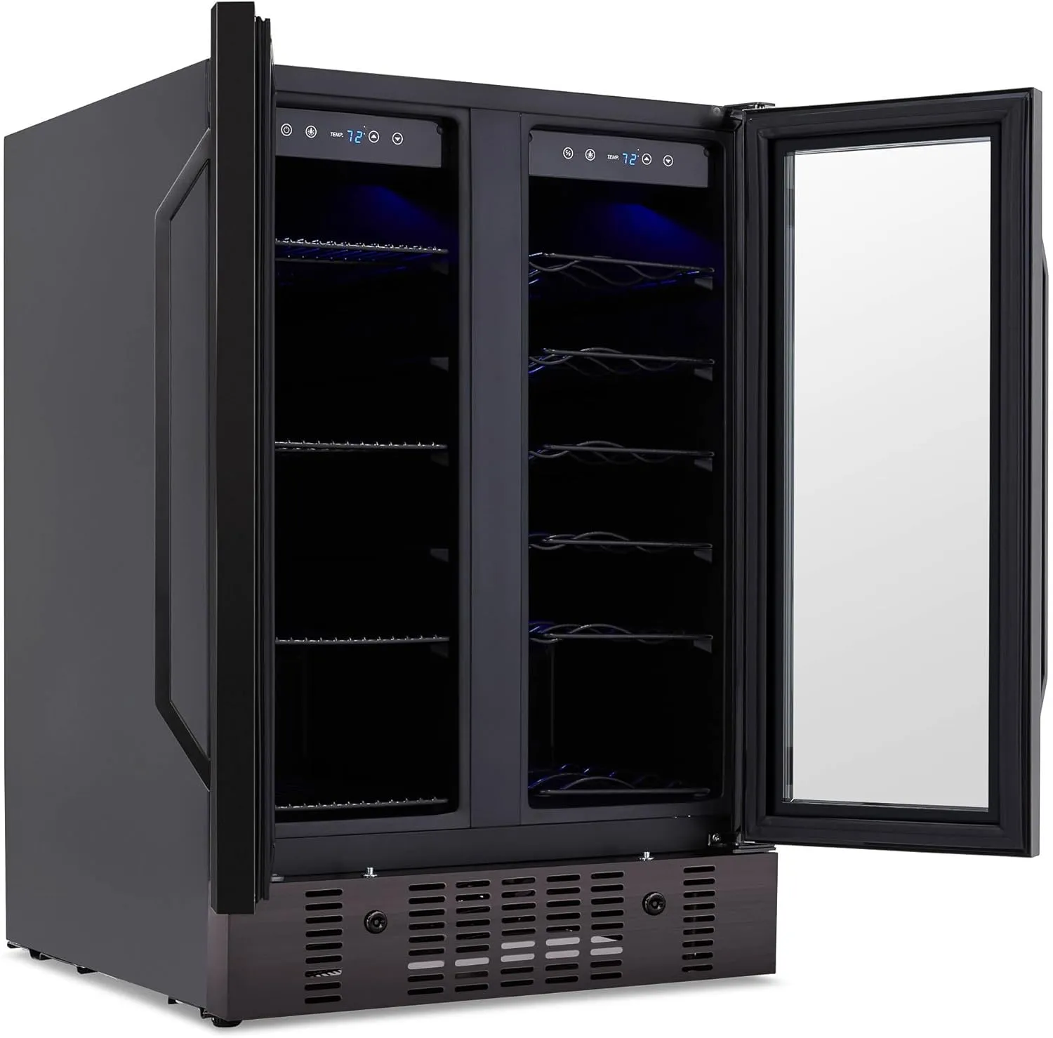 Newair 24” Wine and Beverage Refrigerator and Cooler, 18 Bottle and 60 Can Capacity, Built-in Dual Zone Fridge in Black Stainless Steel with French Doors