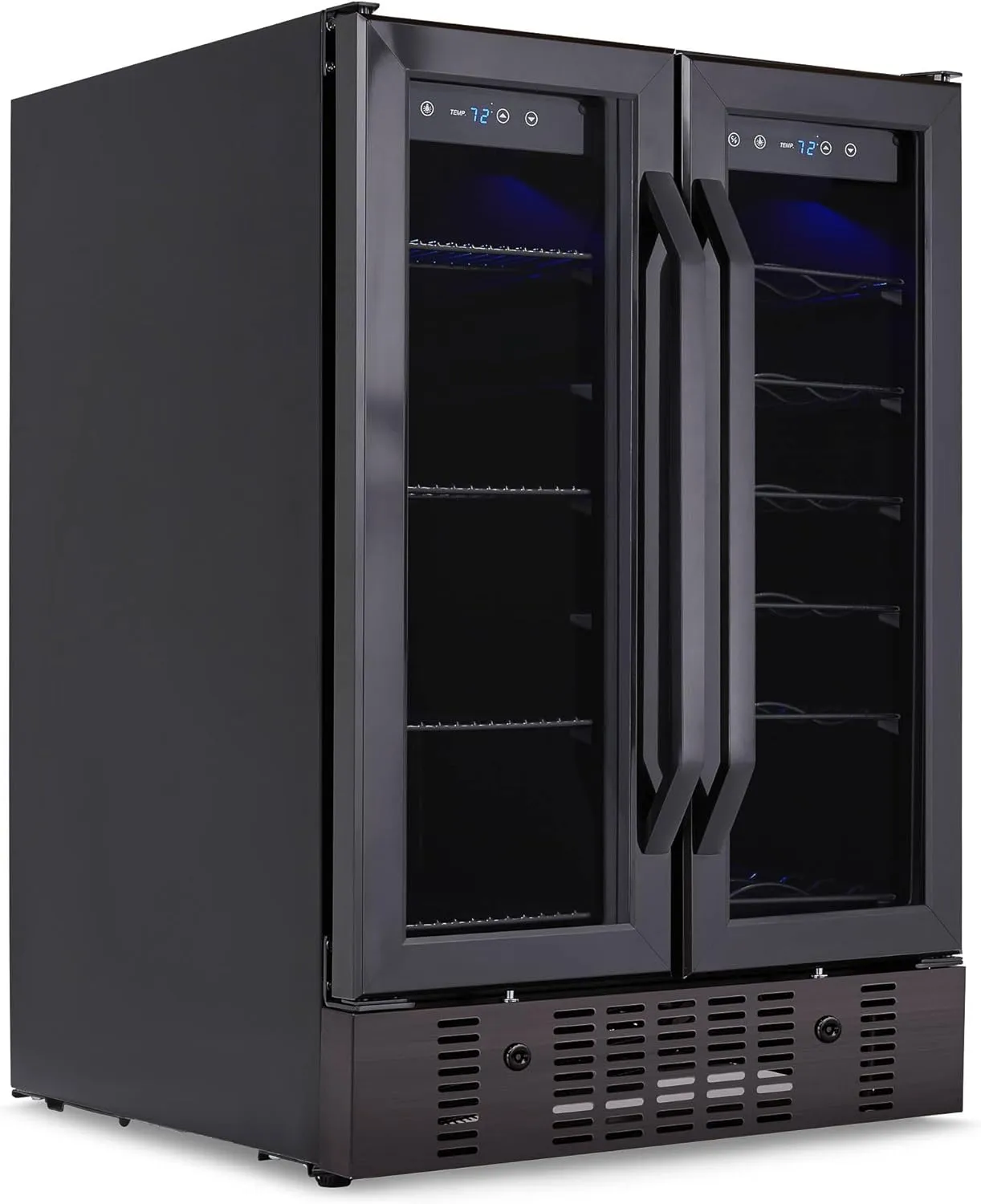 Newair 24” Wine and Beverage Refrigerator and Cooler, 18 Bottle and 60 Can Capacity, Built-in Dual Zone Fridge in Black Stainless Steel with French Doors