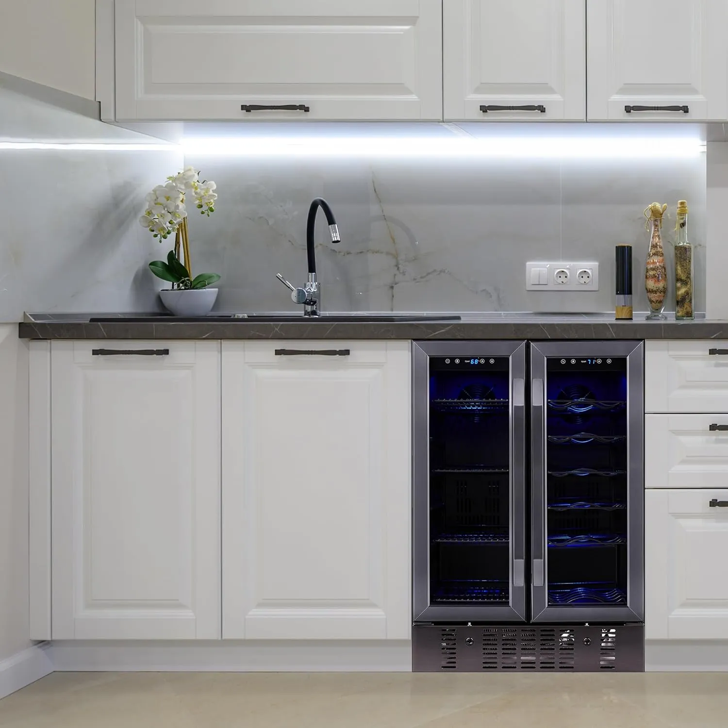 Newair 24” Wine and Beverage Refrigerator and Cooler, 18 Bottle and 60 Can Capacity, Built-in Dual Zone Fridge in Black Stainless Steel with French Doors