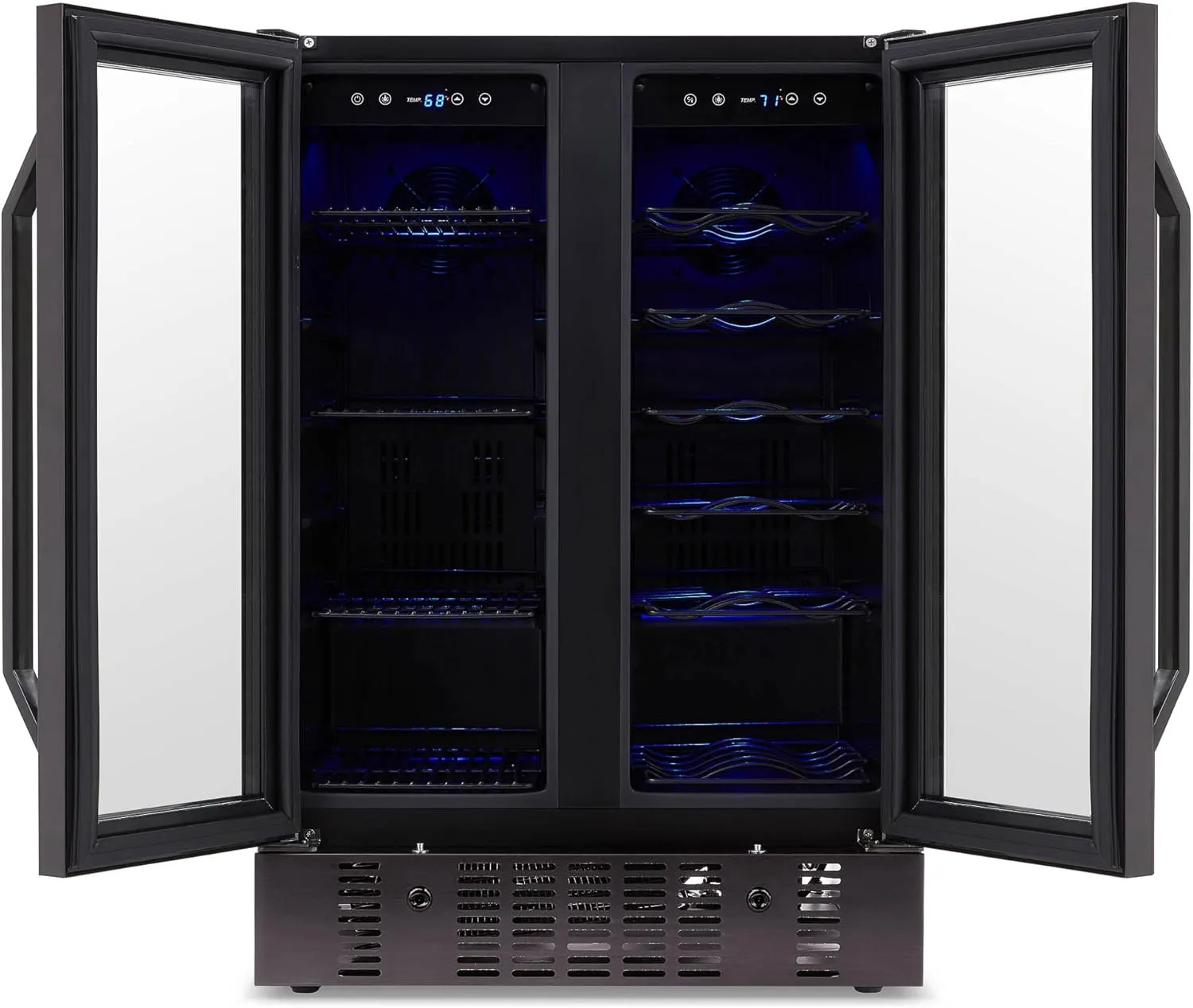 Newair 24” Wine and Beverage Refrigerator and Cooler, 18 Bottle and 60 Can Capacity, Built-in Dual Zone Fridge in Black Stainless Steel with French Doors