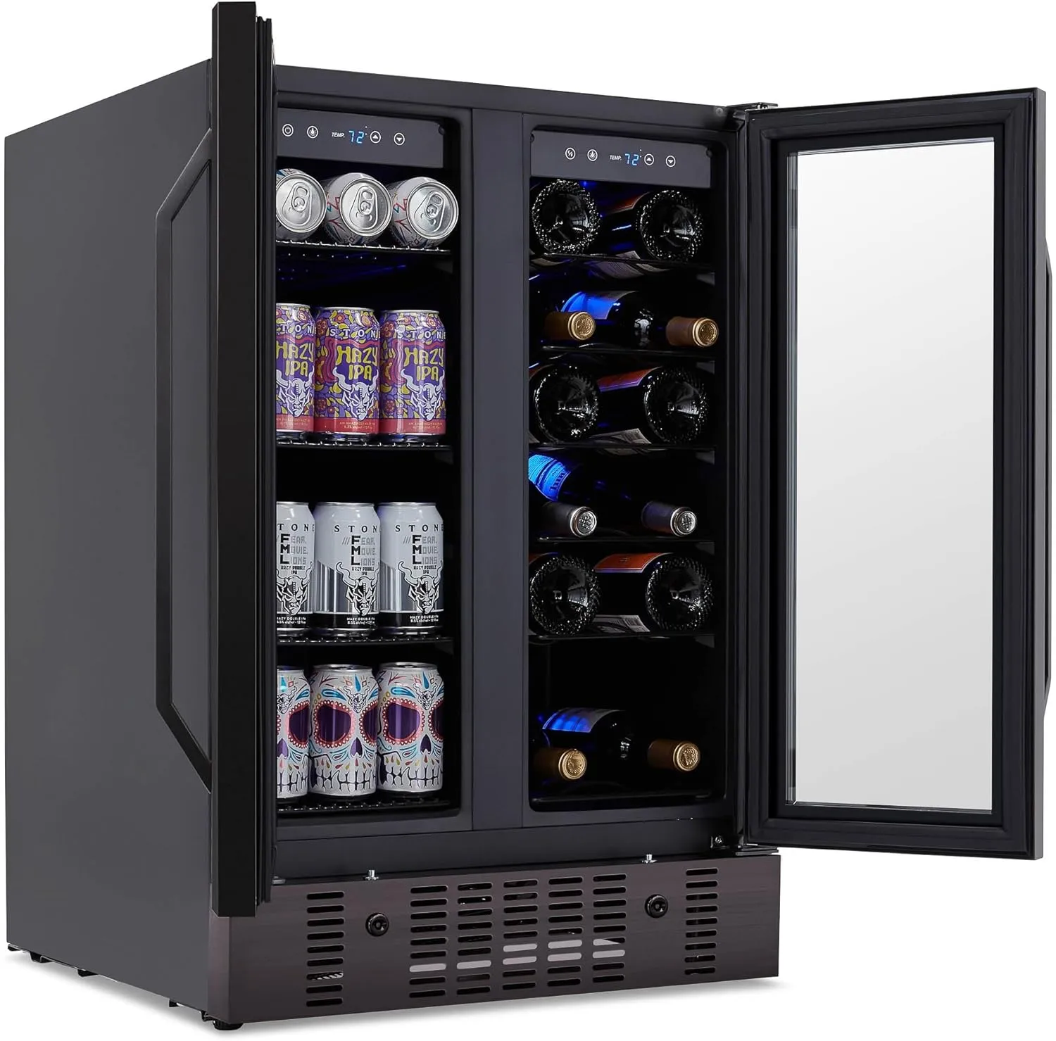 Newair 24” Wine and Beverage Refrigerator and Cooler, 18 Bottle and 60 Can Capacity, Built-in Dual Zone Fridge in Black Stainless Steel with French Doors