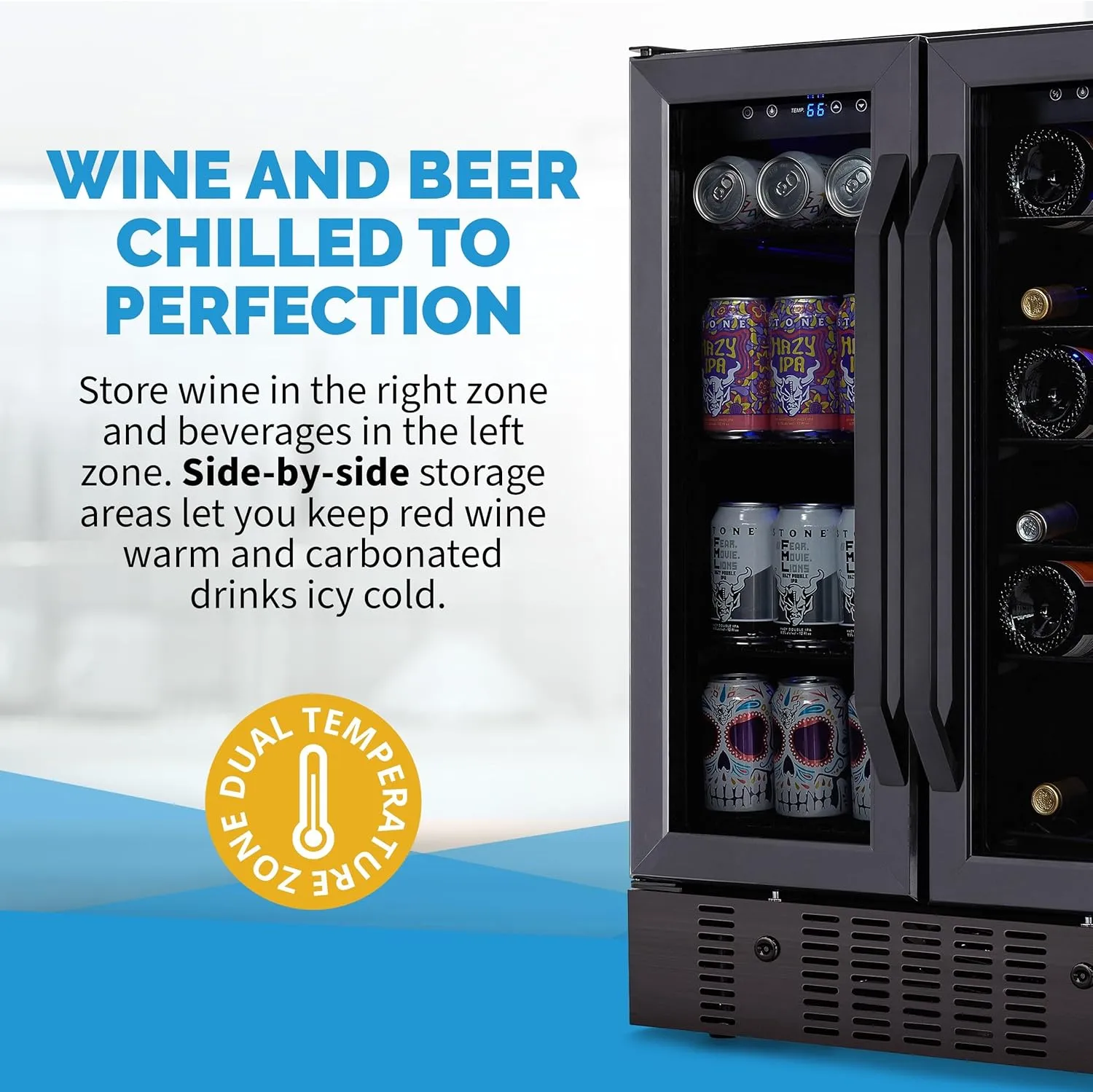 Newair 24” Wine and Beverage Refrigerator and Cooler, 18 Bottle and 60 Can Capacity, Built-in Dual Zone Fridge in Black Stainless Steel with French Doors