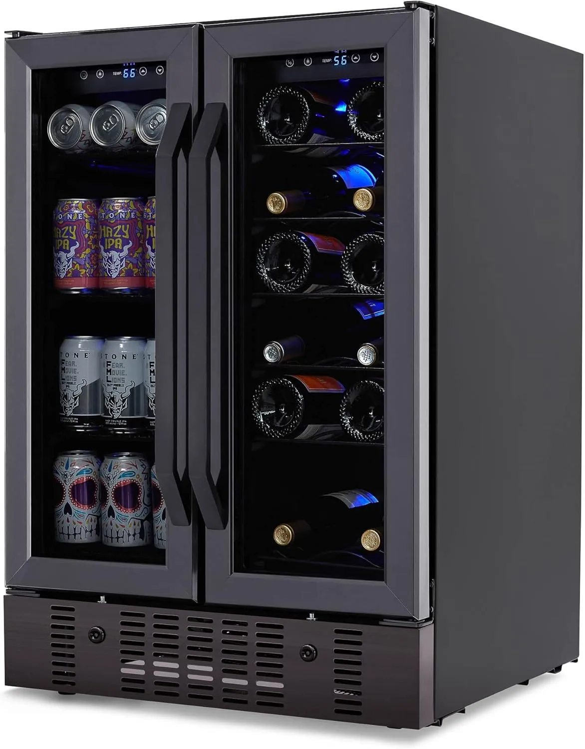 Newair 24” Wine and Beverage Refrigerator and Cooler, 18 Bottle and 60 Can Capacity, Built-in Dual Zone Fridge in Black Stainless Steel with French Doors