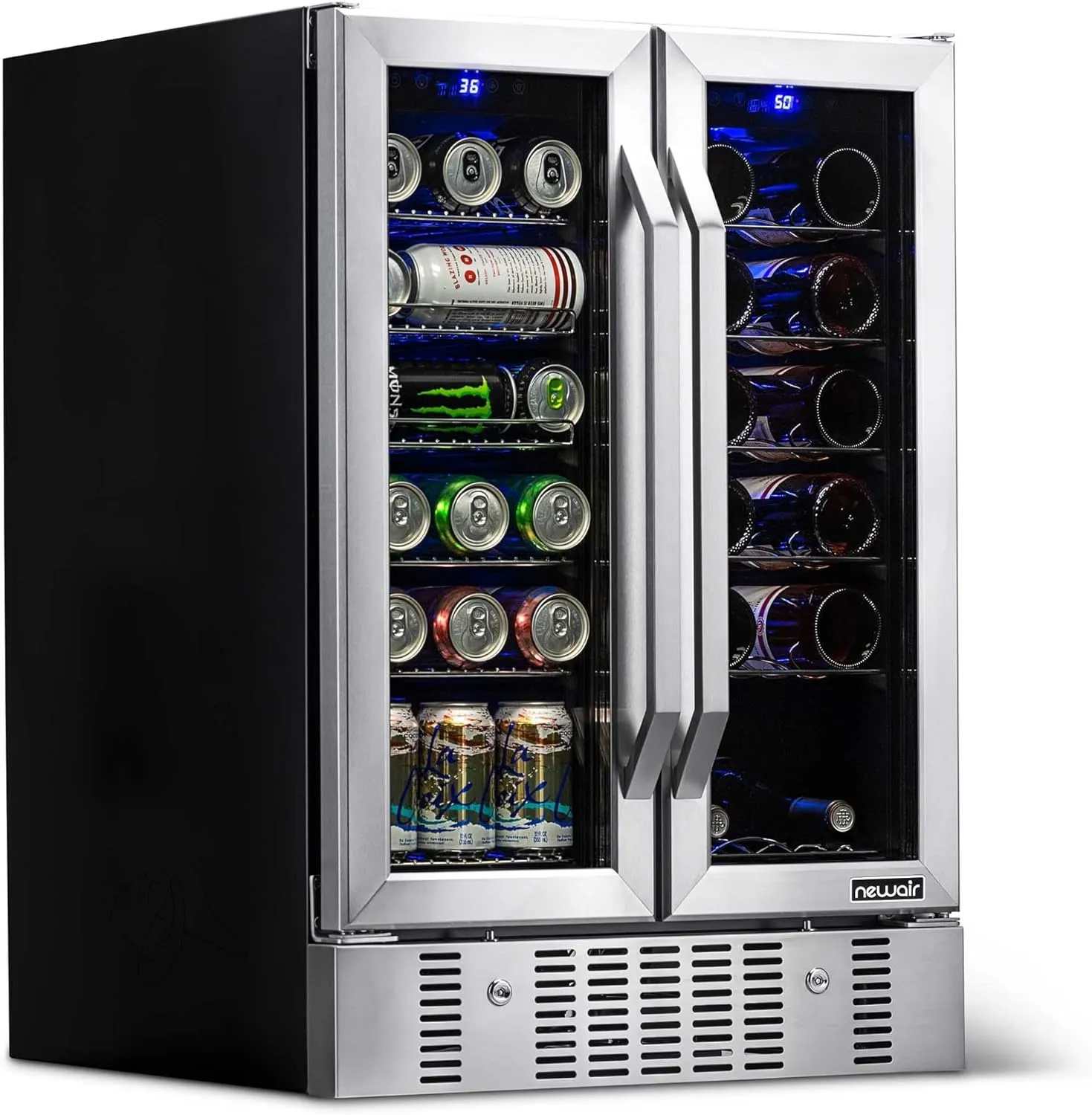 Newair French Door Wine & Beverage Cooler | 18 Bottle 60 Can | White & Red Wine Countertop Fridge | Stainless Steel Dual Zone Beer and Wine Fridge With Digital Temperature Controls and Key Lock