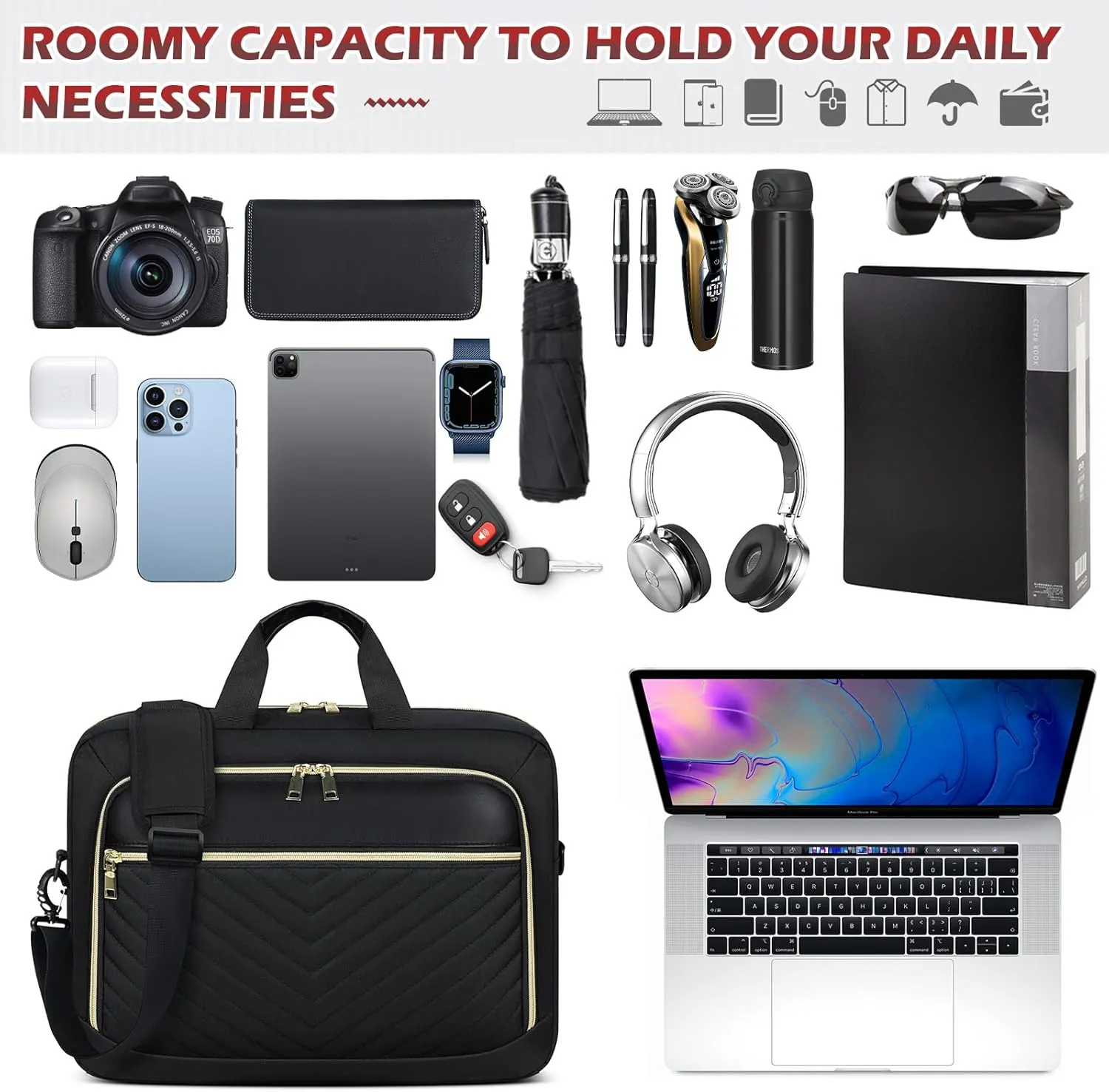 NEWHEY Laptop Bag 17.3 Inch Laptop Briefcase for Women Men Waterproof Shoulder Messenger Bag Large Computer Bag for Business Office Work College, V Thread Black