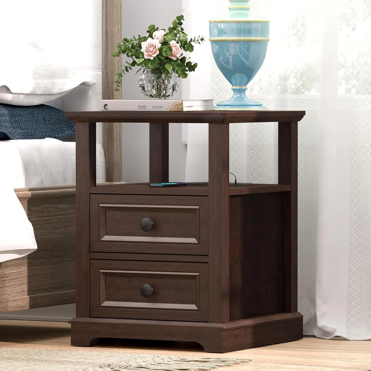 Nightstand with Charging Station Set of 2, End Table Set of 2, Large 18” Side Table with Drawers, Storage Cabinet with Open Shelf for Bedroom, Cherry