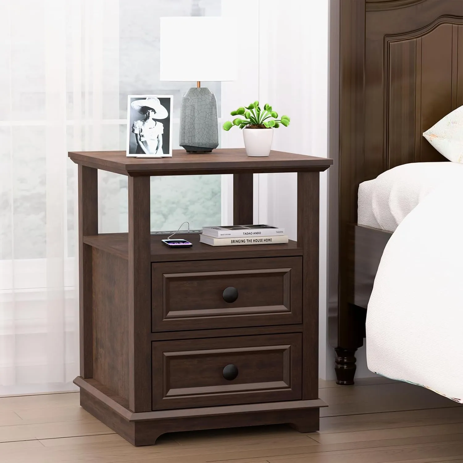 Nightstand with Charging Station Set of 2, End Table Set of 2, Large 18” Side Table with Drawers, Storage Cabinet with Open Shelf for Bedroom, Cherry