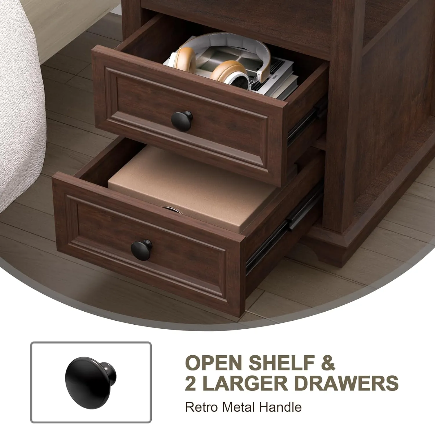 Nightstand with Charging Station Set of 2, End Table Set of 2, Large 18” Side Table with Drawers, Storage Cabinet with Open Shelf for Bedroom, Cherry