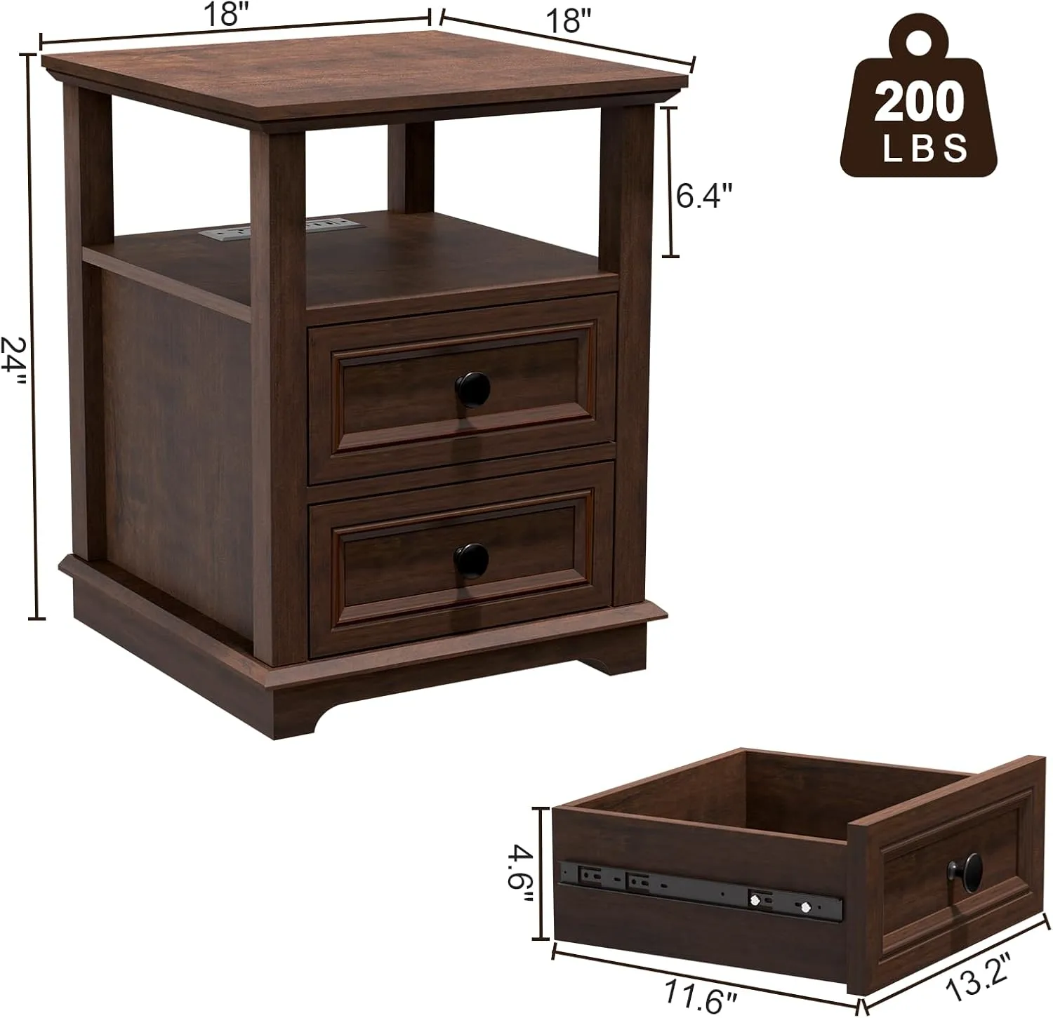 Nightstand with Charging Station Set of 2, End Table Set of 2, Large 18” Side Table with Drawers, Storage Cabinet with Open Shelf for Bedroom, Cherry