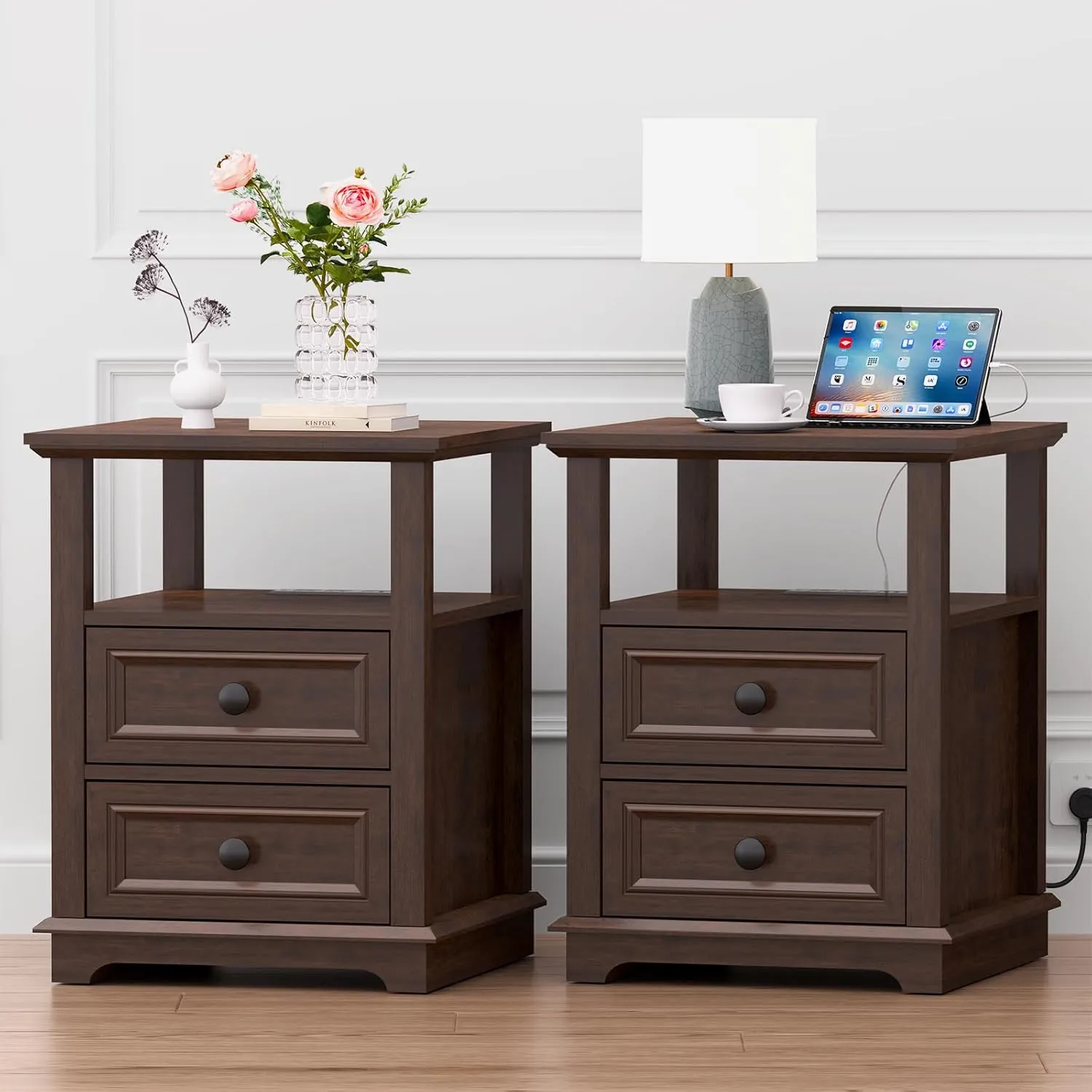 Nightstand with Charging Station Set of 2, End Table Set of 2, Large 18” Side Table with Drawers, Storage Cabinet with Open Shelf for Bedroom, Cherry