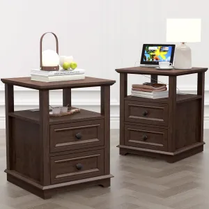Nightstand with Charging Station Set of 2, End Table Set of 2, Large 18” Side Table with Drawers, Storage Cabinet with Open Shelf for Bedroom, Cherry
