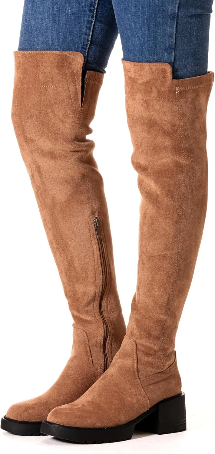 N.N.G Women Over the Knee Boots Thigh High Suede Black Block Low 2 Inch Heel Chunky Above Knee Winter Pointed toe