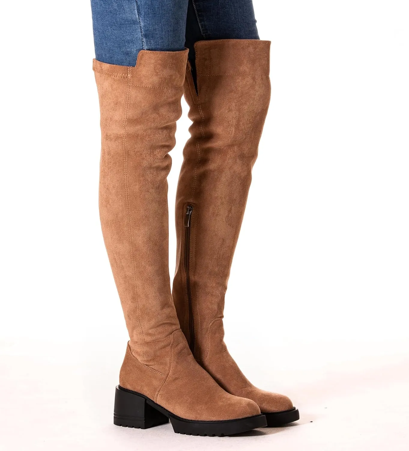 N.N.G Women Over the Knee Boots Thigh High Suede Black Block Low 2 Inch Heel Chunky Above Knee Winter Pointed toe