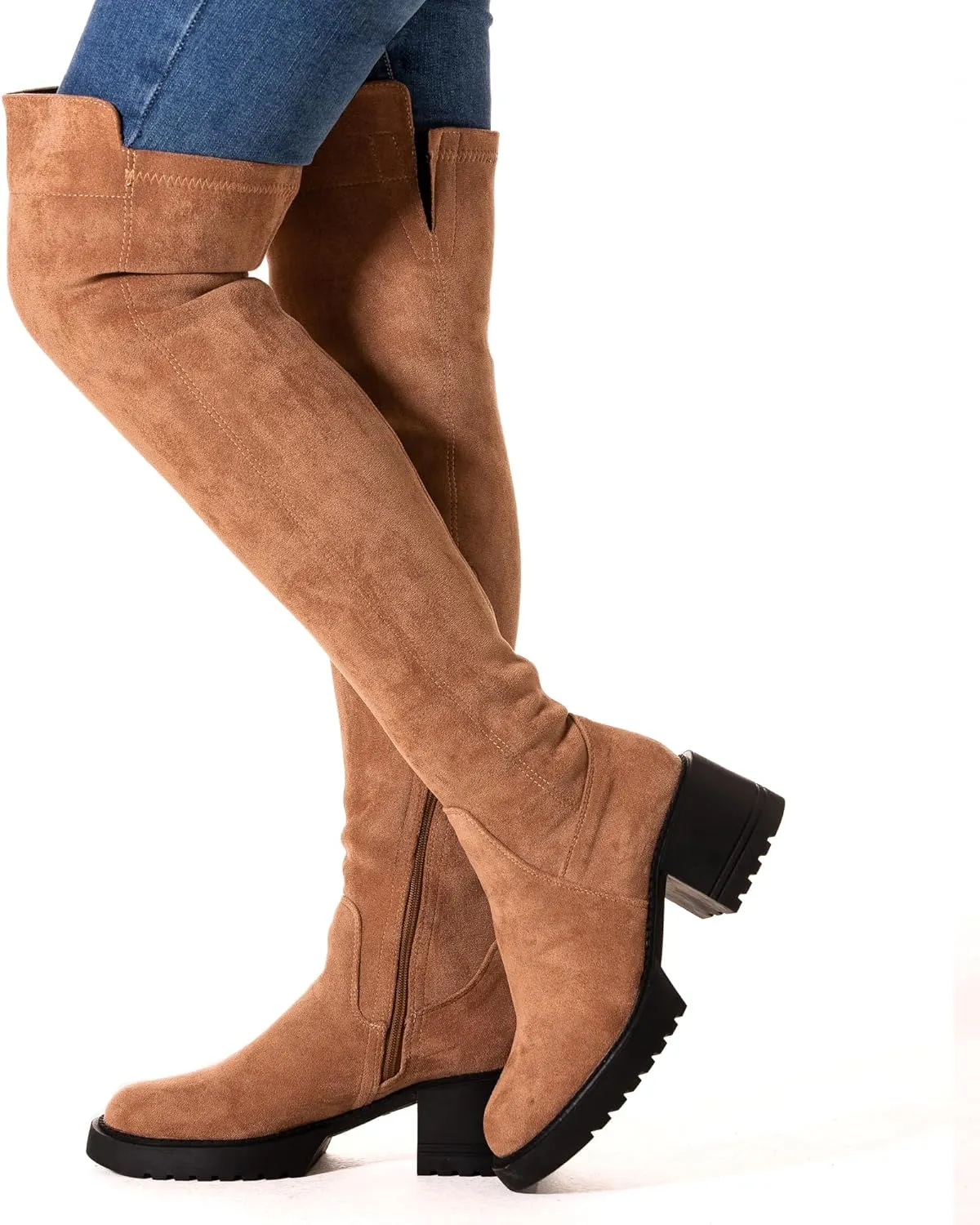 N.N.G Women Over the Knee Boots Thigh High Suede Black Block Low 2 Inch Heel Chunky Above Knee Winter Pointed toe