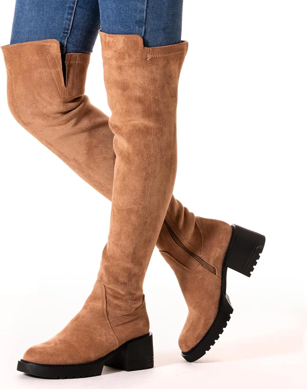 N.N.G Women Over the Knee Boots Thigh High Suede Black Block Low 2 Inch Heel Chunky Above Knee Winter Pointed toe