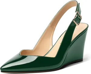 NUMALEO Womens Ankle Strap Bridal Buckle Pointed Toe Dress Patent Wedge High Heel Pumps Shoes 3.3 Inch