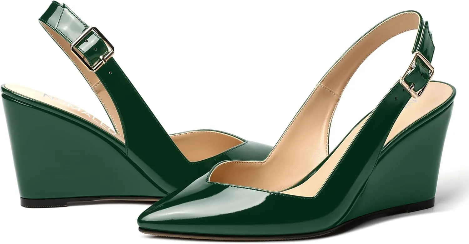 NUMALEO Womens Ankle Strap Bridal Buckle Pointed Toe Dress Patent Wedge High Heel Pumps Shoes 3.3 Inch