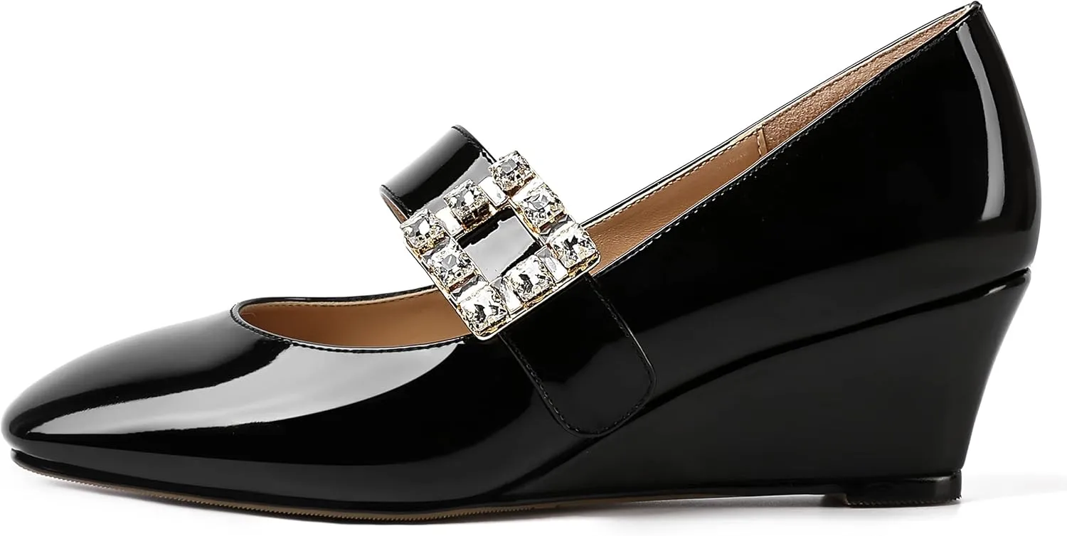 NUMALEO Womens Bungee Rhinestone Dating Solid Patent Square Toe Ankle Strap Cute Wedge Low Heel Pumps Shoes 2 Inch