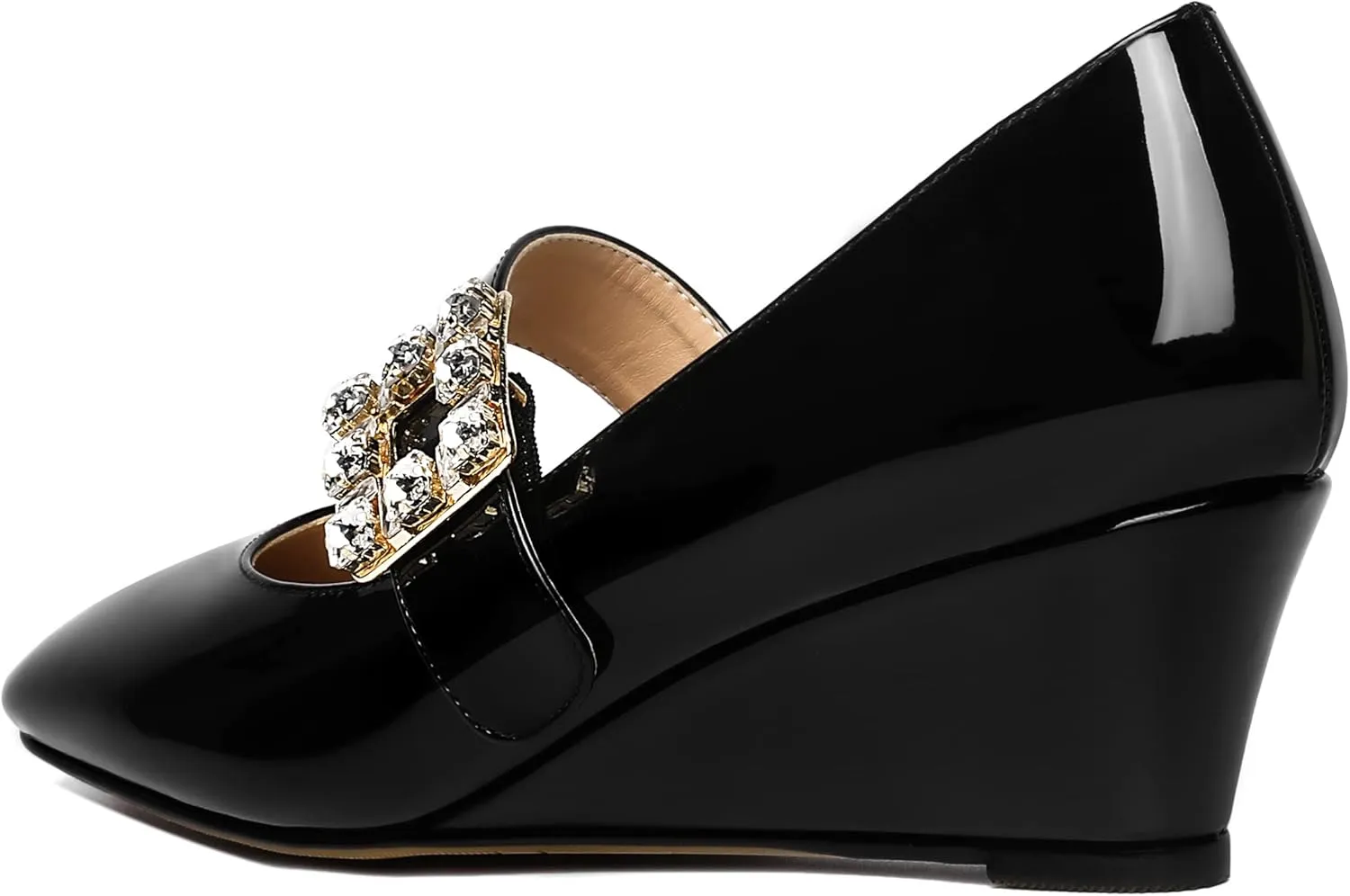 NUMALEO Womens Bungee Rhinestone Dating Solid Patent Square Toe Ankle Strap Cute Wedge Low Heel Pumps Shoes 2 Inch