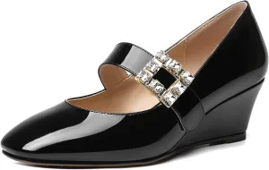 NUMALEO Womens Bungee Rhinestone Dating Solid Patent Square Toe Ankle Strap Cute Wedge Low Heel Pumps Shoes 2 Inch