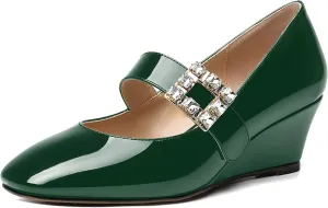 NUMALEO Womens Bungee Rhinestone Dating Solid Patent Square Toe Ankle Strap Cute Wedge Low Heel Pumps Shoes 2 Inch