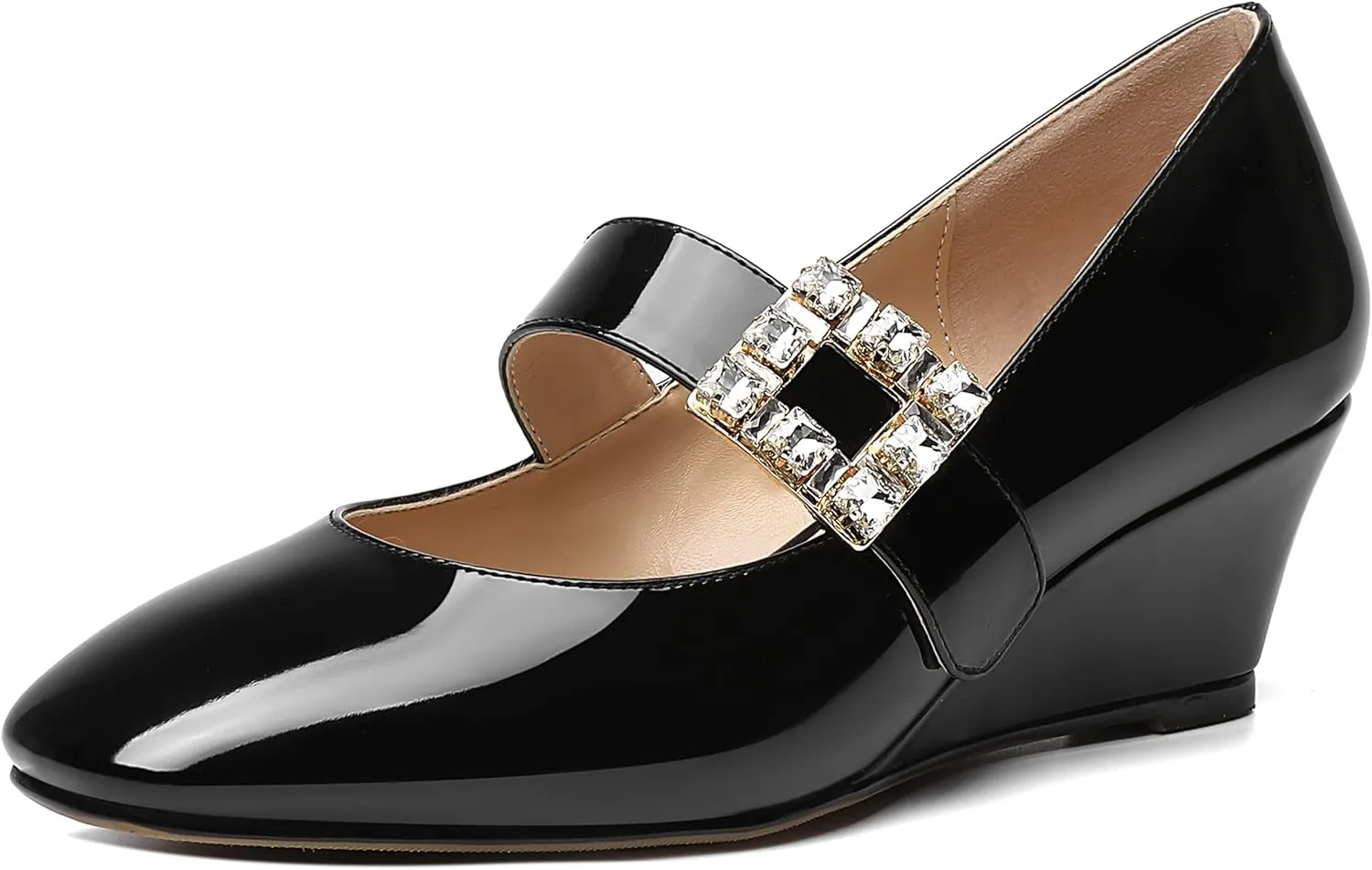 NUMALEO Womens Bungee Rhinestone Dating Solid Patent Square Toe Ankle Strap Cute Wedge Low Heel Pumps Shoes 2 Inch