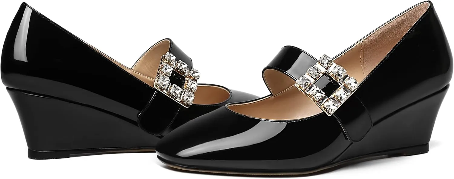 NUMALEO Womens Bungee Rhinestone Dating Solid Patent Square Toe Ankle Strap Cute Wedge Low Heel Pumps Shoes 2 Inch
